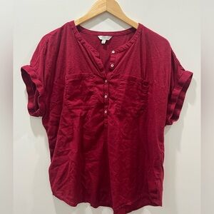 ✅5/$25 Lucky Brand XL red modal cotton tshirt Blouse button front lightweight